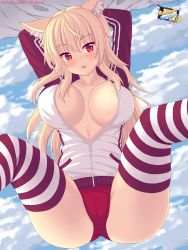 Rule 34 | 1girl, animal ears, ass, blonde hair, breasts, buruma, cat ears, cat girl, collarbone, from below, highres, jacket, large breasts, long sleeves, looking at viewer, nottytiffy, original, parted lips, red eyes, solo, striped clothes, striped thighhighs, thighhighs, thighs, tiffy (nottytiffy), white jacket