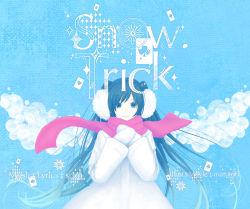 Rule 34 | 1girl, bad id, bad pixiv id, blue eyes, blue hair, blue theme, card, coat, earmuffs, english text, floating card, flower, hands on own chest, hatsune miku, long hair, matching hair/eyes, mittens, onohana, own hands together, red scarf, scarf, snow trick (vocaloid), solo, twintails, vocaloid, winter