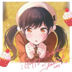 Rule 34 | 1girl, :o, absurdres, bang dream!, beret, black bow, black hair, blurry, blurry background, blush, border, bow, brown jacket, clenched hands, cupcake, dated, english text, food, from above, futaba tsukushi, hair ornament, hair scrunchie, hands on own chest, happy birthday, hat, hat bow, highres, jacket, leaning forward, long hair, long sleeves, looking at viewer, looking up, low twintails, nobusawa osamu, notice lines, open mouth, outdoors, photo (object), scrunchie, sidelocks, solo, swept bangs, twintails, upper body, upturned eyes, v-shaped eyebrows, white border, white hat