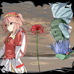 Rule 34 | 2girls, backpack, bag, dress, expressionless, facing away, flower, from behind, hair bobbles, hair ornament, highres, kawashiro mitori, kawashiro nitori, layered dress, layered sleeves, lock, multiple girls, original, pink hair, red eyes, ripples, road sign, short hair, sign, sketch, skirt, skirt set, spider lily, symbolism, tan background, touhou, twintails, two side up, upside-down, water, yamato (muchuu paradigm)