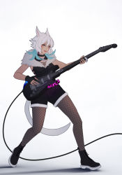 Rule 34 | 1girl, alternate costume, animal ears, breasts, cat ears, cleavage, dark-skinned female, dark skin, electric guitar, eyeshadow, facial mark, feather hair ornament, feathers, fender (company), final fantasy, final fantasy xiv, fishnet pantyhose, fishnets, fur collar, gloves, grey eyes, guitar, hair ornament, highres, instrument, looking at viewer, lyra-kotto, makeup, medium breasts, midriff, miqo&#039;te, neck tattoo, pantyhose, pantyhose under shorts, partially fingerless gloves, short hair, shorts, single glove, solo, tattoo, whisker markings, white background, white hair, y&#039;shtola rhul