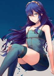 Rule 34 | 1girl, ameno (a meno0), blue background, blue eyes, blue hair, blue shirt, blue shorts, blue thighhighs, breasts, collarbone, commentary request, crossed bangs, eyelashes, feet out of frame, fire emblem, fire emblem awakening, fire emblem warriors, grey background, hair between eyes, hair blowing, hand on own knee, invisible chair, knees together feet apart, long hair, looking at viewer, lucina (fire emblem), nintendo, official alternate costume, parted lips, shirt, shorts, sidelocks, sitting, sleeveless, small breasts, solo, spaghetti strap, tank top, thighhighs, tiara