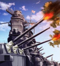 Rule 34 | battleship, cannon, cloud, day, firing, imperial japanese navy, japanese flag, kotsuka, military, military vehicle, muzzle flash, no humans, rising sun flag, ship, sunburst, turret, warship, watercraft, world war ii, yamato