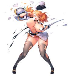 Rule 34 | 1girl, :3, battle damage, bouncing breasts, breasts, breasts out, censored, censored nipples, cerberus (last origin), cuts, damaged, fang, full body, game cg, hat, highres, huge breasts, injury, jacket, last origin, looking at viewer, mole, mole under eye, official art, orange hair, panties, pink panties, shield, short hair, sima (startwitch), solo, striped clothes, striped panties, sword, tears, thighhighs, torn clothes, torn thighhighs, transparent background, underwear, unworn hat, unworn headwear, weapon, white jacket