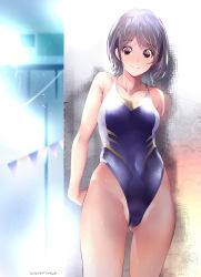 Rule 34 | 1girl, bare shoulders, black hair, breasts, brown eyes, collarbone, covered navel, dated, highleg, highleg swimsuit, highres, looking at viewer, one-piece swimsuit, original, short hair, solo, swimsuit, ugeppa, wet