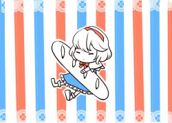 Rule 34 | 1girl, alice margatroid, bad id, bad pixiv id, baguette, blue dress, bread, chibi, dress, food, full body, holding, pasu, short hair, simple background, sitting, solo, striped, striped background, touhou