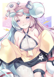 Rule 34 | 1girl, alternate breast size, breasts, character hair ornament, creatures (company), game freak, grey pantyhose, hair ornament, hexagon print, highres, iono (pokemon), jacket, large breasts, long hair, low-tied long hair, multicolored hair, nintendo, oversized clothes, pantyhose, pokemon, pokemon sv, single leg pantyhose, sleeves past fingers, sleeves past wrists, split-color hair, tear33, teeth, very long sleeves, x, yellow jacket