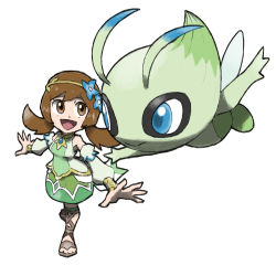 Rule 34 | 1girl, :d, bare shoulders, blacknirrow, blue flower, blue gemstone, brown eyes, brown footwear, brown hair, celebi, commentary, creatures (company), detached sleeves, english commentary, flower, full body, game freak, gem, gen 2 pokemon, green skirt, green sleeves, legendary pokemon, long sleeves, lyra (pokemon), lyra (sygna suit) (pokemon), medium hair, mythical pokemon, nintendo, open mouth, pokemon, pokemon (creature), pokemon masters ex, sandals, simple background, skirt, smile, twintails, white background