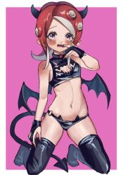 Rule 34 | 1girl, black thighhighs, blush, breasts, cat ear panties, crying, demon horns, demon tail, demon wings, fake horns, fake tail, fake wings, finger in own mouth, full body, gloves, highres, horns, long hair, looking at viewer, medium hair, mouth pull, navel, nintendo, octoling, octoling girl, octoling player character, open mouth, panties, red eyes, red hair, shiny clothes, shousan (hno3syo), small breasts, solo, splatoon (series), splatoon 2, tail, thighhighs, underwear, wings