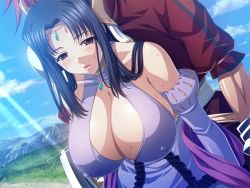 Rule 34 | 10s, 1boy, 1girl, bare shoulders, black hair, blush, breasts, cleavage, covered erect nipples, game cg, huge breasts, jewelry, kyonyuu fantasy, mole, necklace, outdoors, roxanne de desir, sky, sweat