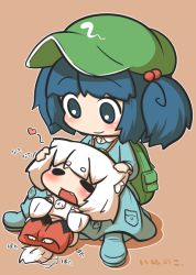 Rule 34 | 2girls, animal ears, backpack, bad id, bad pixiv id, bag, blue eyes, blue hair, hair bobbles, hair ornament, hat, inubashiri momiji, inunoko., kawashiro nitori, lying on person, multiple girls, headpat, red eyes, short hair, sitting, smile, tail, tail wagging, touhou, translation request, two side up, white hair, wolf ears, wolf tail