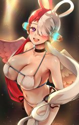 Rule 34 | 1girl, :d, angel wings, bikini, breasts, choker, cleavage, commentary, feathered wings, foxyreine, hair over one eye, hair rings, headphones, highres, large breasts, long hair, looking at viewer, multicolored hair, one piece, one piece film: red, open mouth, purple eyes, red hair, ribbon, side-tie bikini bottom, signature, skindentation, smile, solo, split-color hair, swimsuit, teeth, twintails, two-tone hair, upper teeth only, uta (one piece), very long hair, white bikini, white hair, wings