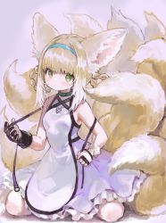Rule 34 | 1girl, absurdres, animal ear fluff, animal ears, apron, arknights, bare shoulders, black gloves, blouse, blue hairband, braid, braided hair rings, breasts, closed mouth, commentary request, fox ears, fox girl, fox tail, frilled skirt, frills, gloves, green eyes, hair rings, hairband, highres, infection monitor (arknights), kitsune, kkaebing, kyuubi, light brown hair, looking at viewer, multicolored hair, multiple tails, purple skirt, shirt, skirt, small breasts, solo, suzuran (arknights), tail, twin braids, two-tone hair, white apron, white gloves, white hair, white shirt