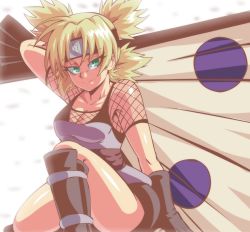 Rule 34 | 1girl, arm behind back, black footwear, black gloves, black shorts, blonde hair, blurry, blurry background, boots, cleavage cutout, closed mouth, clothing cutout, fishnets, forehead protector, gloves, green eyes, hand fan, highres, holding, holding fan, lewdamone, looking at viewer, naruto (series), naruto shippuuden, ninja, petals, short sleeves, shorts, simple background, smile, solo, temari (naruto), thighs, v-shaped eyebrows, white background