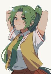 Rule 34 | 1girl, arms behind head, arms up, breasts, brown skirt, closed mouth, collared shirt, commentary request, cowboy shot, green eyes, green hair, green necktie, grey background, high ponytail, higurashi no naku koro ni, long hair, looking at viewer, necktie, noriuma, parted bangs, pleated skirt, ponytail, school uniform, shirt, shirt tucked in, short sleeves, simple background, skirt, smile, solo, sonozaki mion, very long hair, vest, white shirt