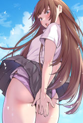 Rule 34 | 1girl, :o, amagami, arm behind back, ass, blue sky, blush, brown eyes, brown hair, clothes lift, cloud, cowboy shot, day, embarrassed, from above, grey skirt, highres, kamizaki risa, long hair, looking at viewer, open mouth, outdoors, panties, pantyshot, pleated skirt, purple panties, school uniform, shirt, shirt tucked in, short sleeves, shouji nigou, sidelocks, skirt, skirt lift, sky, solo, standing, thighs, underwear, very long hair, white shirt, wind, wind lift