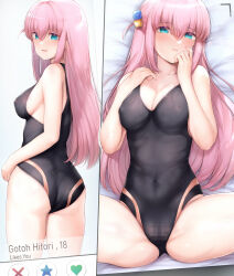 Rule 34 | 1girl, ass, blue eyes, blush, bocchi the rock!, breasts, cameltoe, censored, character age, character name, covered erect nipples, covered navel, female focus, from behind, gotoh hitori, hair between eyes, hair ornament, highres, kimoshi, long hair, looking at viewer, lying, medium breasts, mosaic censoring, multiple views, nipples, on back, one-piece swimsuit, open mouth, pink hair, school swimsuit, smile, swimsuit, tinder