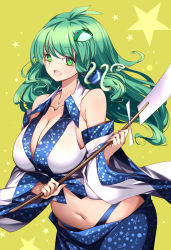 Rule 34 | 1girl, absurdres, blue panties, blue skirt, breasts, cleavage, collarbone, colored eyelashes, cowboy shot, detached sleeves, frog hair ornament, gohei, green eyes, green hair, hair ornament, hair tubes, highres, holding, kochiya sanae, large breasts, long hair, looking at viewer, navel, nontraditional miko, open mouth, panties, patterned clothing, raptor7, shirt, skirt, smile, snake hair ornament, solo, standing, star (symbol), starry background, touhou, underwear, white shirt, wide sleeves, yellow background