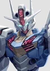 Rule 34 | aqua eyes, backlighting, commentary request, glowing, glowing eyes, grey background, gundam, gundam aerial, gundam suisei no majo, highres, looking at viewer, mecha, mobile suit, no humans, revision, robot, science fiction, shiromoca, simple background, solo, upper body, v-fin, white background