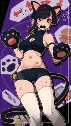 Rule 34 | 1girl, absurdres, animal ears, animal hands, bare shoulders, black eyes, black hair, black shorts, breasts, cat ears, cat tail, chainsaw man, cleavage cutout, clothing cutout, cowboy shot, fake animal ears, fake tail, gloves, higashiyama kobeni, highres, masgamjya, medium breasts, midriff, navel, open mouth, paw gloves, purple background, shorts, sleeveless, solo, standing, sweat, tail, thighhighs, white thighhighs