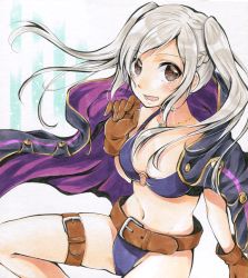 Rule 34 | 1girl, bad id, bad pixiv id, belt, bikini, braid, breasts, brown eyes, cleavage, cloak, fire emblem, fire emblem awakening, fire emblem heroes, gloves, jewelry, leather, leather gloves, long hair, looking at viewer, medium breasts, navel, necklace, nintendo, o-ring, o-ring bikini, o-ring top, open mouth, parune chigetsu, purple bikini, robin (female) (fire emblem), robin (fire emblem), silver hair, solo, swimsuit, thigh strap, twintails