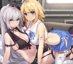 Rule 34 | 2girls, :p, ahoge, arm ribbon, arm strap, asymmetrical docking, bare arms, bare shoulders, black choker, black hair, blonde hair, blue eyes, blue ribbon, blue skirt, breast press, breasts, chain, choker, cleavage, commentary request, fate/grand order, fate (series), hat, highres, indoors, jeanne d&#039;arc (fate), jeanne d&#039;arc (mystery treasure) (fate), jeanne d&#039;arc (ruler) (fate), jeanne d&#039;arc alter (fate), jeanne d&#039;arc alter (mystery treasure) (fate), large breasts, looking at viewer, midriff, mini hat, miniskirt, multiple girls, navel, official alternate costume, pleated skirt, ribbon, sidelocks, silver hair, skirt, smile, stomach, suiroh (shideoukami), thighhighs, tongue, tongue out, white background, white headwear