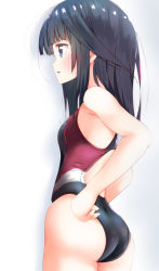 Rule 34 | 1girl, agatsuma kaede, alice gear aegis, ass, black hair, black one-piece swimsuit, blue eyes, commentary request, competition swimsuit, cowboy shot, from behind, hands on own hips, highres, long hair, one-piece swimsuit, profile, shiratsuyu natsume, simple background, solo, standing, swimsuit, white background