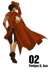 Rule 34 | 1boy, back, boots, character name, cowboy hat, hat, unworn headwear, highres, jacket, jewelry, male focus, necklace, numbered, one piece, portgas d. ace, shorts, simple background, solo, stampede string, tattoo, walking