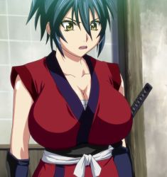 Rule 34 | 1girl, blue hair, breasts, cleavage, female focus, hoods entertainment, huge breasts, manyuu chifusa, manyuu hikenchou, screencap, solo, stitched, sword, takagi jun, third-party edit, upper body, weapon, yellow eyes