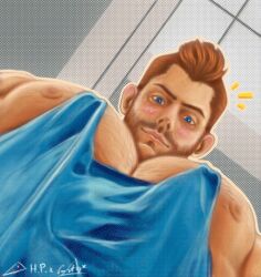 Rule 34 | 1boy, bara, beard stubble, blue tank top, blush, call of duty, call of duty: modern warfare 2, facial hair, foreshortening, from below, h.p (headofpenguin), highres, large pectorals, looking at viewer, looking down, male focus, meme, muscular, muscular male, mustache stubble, nipple slip, nipples, notice lines, pectoral cleavage, pectoral focus, pectorals, photo-referenced, short hair, sidepec, smile, soap (modern warfare 2), solo, sparse chest hair, stubble, tank top, thick eyebrows, undercut, upper body, yur oc like this (meme)