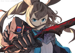 Rule 34 | 1girl, amiya (arknights), animal ears, aqua eyes, arknights, ascot, black coat, brown hair, coat, covered mouth, gauntlets, grey shirt, hand up, holding, holding sword, holding weapon, hu tu, long hair, open clothes, open coat, ponytail, rabbit ears, reaching, reaching towards viewer, shirt, single gauntlet, solo, sword, twitter username, upper body, v-shaped eyebrows, watermark, weapon, white background