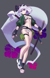 Rule 34 | 1girl, absurdres, alternate costume, bikini, black gloves, black hairband, blue eyes, blue nails, breasts, cleavage, closed mouth, commentary, fingerless gloves, full body, ghost, gloves, grey background, grey hair, hairband, highres, holding, holding sword, holding weapon, konpaku youmu, konpaku youmu (ghost), konpaku youmu (sunny dual-wielder), looking at viewer, nezo, short hair, simple background, solo, swimsuit, sword, touhou, touhou lostword, weapon, white bikini