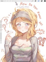 Rule 34 | !?, 1girl, ?, ??, animification, arrow (symbol), art program in frame, artist name, black cardigan, black shirt, blonde hair, blue eyes, breasts, cardigan, cleavage, english text, grey hat, hat, highres, long hair, looking at viewer, medium breasts, parted lips, player character (roblox), pointing, pointing at self, procreate (medium), procreate (software), roblox, shirt, sleeves past wrists, solo, ttzewo, very long hair, visor cap