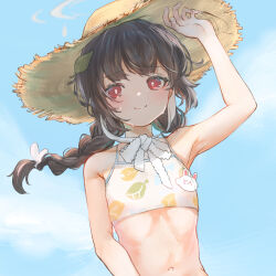 Rule 34 | 1girl, armpits, bare arms, bare shoulders, bikini, black hair, blue archive, blush, braid, closed mouth, flat chest, grey halo, halo, hat, highres, leaf, leaf on head, leaf print, long hair, looking at viewer, marulire, miyu (blue archive), miyu (swimsuit) (blue archive), navel, official alternate costume, print bikini, red eyes, smile, solo, straw hat, swimsuit, twin braids, upper body, white bikini, yellow hat