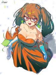Rule 34 | 1girl, absurdres, alternate costume, alternate hairstyle, bare shoulders, bespectacled, breasts, cinderella (vocaloid), cleavage, collarbone, crown, dress, firstw1, from above, glasses, gloves, high heels, highres, holding, holding clothes, holding footwear, hololive, hololive english, large breasts, long hair, looking at viewer, off-shoulder dress, off shoulder, open mouth, orange dress, orange hair, purple eyes, red-framed eyewear, smile, solo, swept bangs, takanashi kiara, tsurime, twintails, twitter username, virtual youtuber, vocaloid, white gloves