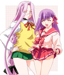 Rule 34 | 2girls, bow, cosplay, crossover, fate/stay night, fate (series), glasses, long hair, matou sakura, medusa (fate), medusa (rider) (fate), multiple girls, otaut-r, parody, pink bow, pleated skirt, school uniform, serafuku, skirt, sweater, sweater vest, thighs, to heart, to heart (series), to heart 2, very long hair, vest
