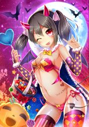 Rule 34 | 10s, 1girl, ;d, absurdres, bat (animal), bikini, black hair, bridal gauntlets, demon tail, elbow gloves, fangs, full moon, gloves, halloween, highres, horns, love live!, love live! school idol project, ming (3952862), moon, one eye closed, open mouth, red eyes, slit pupils, smile, solo, swimsuit, tail, thighhighs, twintails, wings, yazawa nico