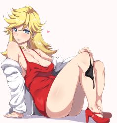 Rule 34 | 10s, 1girl, arm support, ass, bad id, bad pixiv id, barefoot, black panties, blonde hair, blue eyes, blush, breasts, choker, cleavage, coat, collarbone, dress, earrings, eyebrows, feet, feet together, full body, fur coat, hair between eyes, heart, high heels, highres, holding, holding clothes, holding panties, holding underwear, jacket, jewelry, looking at viewer, mary janes, moisture (chichi), necklace, no bra, no panties, off shoulder, panties, unworn panties, panty &amp; stocking with garterbelt, panty (psg), parted lips, pink background, pink lips, reclining, red dress, red footwear, shadow, shiny skin, shoes, unworn shoes, short dress, simple background, single shoe, sitting, sleeveless, sleeveless dress, smile, solo, string panties, toes, underwear, white jacket