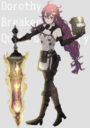 Rule 34 | 1girl, akitama2727, antenna hair, apron, asymmetrical footwear, bare shoulders, black footwear, black gloves, boots, braid, braided ponytail, breasts, cleavage, dorothy (sinoalice), elbow gloves, flaming weapon, full body, glasses, gloves, grey background, hair ornament, hairpin, holding, holding weapon, long hair, looking at viewer, mace, pocket watch, pouch, purple eyes, purple hair, simple background, sinoalice, smile, solo, standing, watch, weapon, welding mask