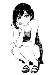 Rule 34 | 1girl, :t, asymmetrical hair, bad id, bad twitter id, bare arms, bare legs, bare shoulders, breasts, cleavage, dress, feet, fingernails, full body, greyscale, high heels, highres, looking at viewer, medium breasts, monochrome, nail polish, nikaidou kou, no socks, pout, short hair, simple background, solo, squatting, toenail polish, toenails, toes, white background