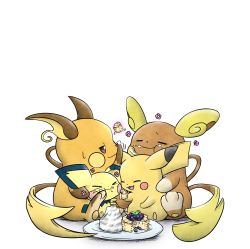 Rule 34 | &gt; &lt;, :t, afterimage, alolan form, alolan raichu, arm up, blueberry, blush, blush stickers, brown sclera, closed mouth, colored sclera, cream, creatures (company), dessert, eating, evolutionary line, closed eyes, flower, food, food on face, fruit, full body, game freak, gen 1 pokemon, gen 2 pokemon, gen 7 pokemon, half-closed eyes, hand up, happy, highres, holding, kashiwa (3920kashiwa), light blush, looking at another, motion lines, nintendo, no humans, open mouth, pancake, pawpads, pichu, pikachu, pink flower, plate, pokemon, pokemon (creature), raichu, simple background, sitting, smile, sweat, telekinesis, white background, white eyes