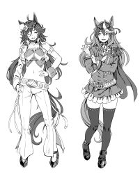 Rule 34 | :d, ;d, ahoge, aiguillette, animal ears, ascot, belt, epaulettes, frilled skirt, frills, full body, gold trim, greyscale, hair ornament, hairclip, hat, highres, horse ears, horse girl, long hair, long sleeves, looking at another, midriff, mini hat, mini top hat, monochrome, mr. c.b. (umamusume), multicolored hair, navel, one eye closed, open mouth, pants, shoes, simple background, single epaulette, single sleeve, skirt, smile, symboli rudolf (umamusume), thighhighs, top hat, umamusume, utsuke (u tuk e), white background, white hair, wrist cuffs