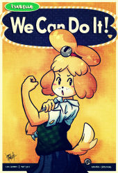 Rule 34 | animal crossing, blush, cardigan, dog girl, highres, isabelle (animal crossing), nintendo, open mouth, parody, skirt, sleeves rolled up, tail, we can do it!