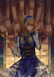 Rule 34 | 1girl, alice margatroid, alternate costume, blonde hair, blue eyes, blue ribbon, center frills, cloud, collar, commentary request, doll, doll joints, frills, headdress, highres, indoors, joints, long sleeves, looking at viewer, parted lips, profile, ribbon, scissors, short hair, solo, touhou, window, ze xia
