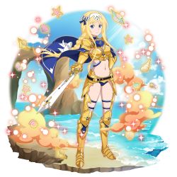 Rule 34 | 1girl, alice zuberg, armor, armored boots, bikini, bikini armor, bikini bottom only, blonde hair, blue bikini, blue cape, blue eyes, boots, braid, braided ponytail, breasts, cape, choker, cleavage, closed mouth, floating hair, full body, gauntlets, hair ribbon, hairband, hand on own hip, highres, holding, holding sword, holding weapon, knee boots, long hair, looking at viewer, medium breasts, midriff, navel, official art, pauldrons, ponytail, ribbon, shoulder armor, single braid, smile, solo, standing, stomach, swimsuit, sword, sword art online, thigh strap, transparent background, very long hair, weapon, white hairband, yellow footwear