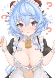 Rule 34 | ?, ayamal (mainichi ryokucha), bell, blue hair, breasts, cleavage, closed mouth, clothes pull, collarbone, detached collar, downblouse, dress, dress pull, frilled dress, frills, from above, ganyu (genshin impact), genshin impact, hair between eyes, hands up, highres, horns, large breasts, long hair, looking at viewer, maid, maid headdress, neck bell, pov, pov hands, purple eyes, sidelocks, simple background, upper body, white background