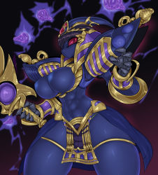 Rule 34 | 1girl, abs, android, armor, artificial vagina, black hair, blue skin, breasts, claws, cleopatra qubeley, colored sclera, colored skin, cowboy shot, egyptian clothes, eye of horus, framed breasts, gundam, hands up, holding, large breasts, narrow waist, navel, nipples, no mouth, pauldrons, pelvic curtain, pochincoff, red eyes, red sclera, robot, sd gundam, sd gundam world heroes, sex toy, shoulder armor, skindentation, slit pupils, solo, standing, thighlet, veil
