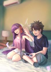 Rule 34 | 1boy, 1girl, absurdres, air conditioner, bare shoulders, bb (fate), bb (fate), bb (fate/extra), bed, black shirt, blue eyes, brown hair, collarbone, commentary request, commission, contemporary, controller, desk lamp, dualshock, fate/grand order, fate (series), fujimaru ritsuka (male), full body, game controller, gamepad, grey footwear, grey shorts, hair ribbon, high five, highres, holding, holding controller, holding game controller, huge filesize, indian style, indoors, kneeling, lamp, light purple hair, long hair, midriff, nightstand, on bed, ootato, open mouth, partial commentary, pink eyes, pink shirt, pink tank top, playing games, playstation controller, red ribbon, ribbon, shirt, short hair, short sleeves, shorts, sitting, smile, socks, spiked hair, t-shirt, tank top, thighs, very long hair, white shorts