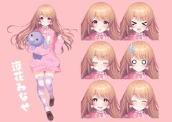 Rule 34 | &gt; &lt;, 1girl, :d, absurdres, asagi shiki (artist), blush, brown footwear, brown hair, character name, chestnut mouth, choker, closed eyes, closed mouth, drawstring, earrings, expression chart, expressions, frilled choker, frills, full body, hair between eyes, highres, holding, holding stuffed toy, hood, hoodie, indie virtual youtuber, jewelry, long hair, long sleeves, looking at viewer, multiple views, neck ribbon, o o, open mouth, pink background, pink eyes, pink hoodie, pink ribbon, pom pom (clothes), pom pom earrings, ribbon, shoes, simple background, sleeves past fingers, sleeves past wrists, smile, smug, sparkling eyes, standing, standing on one leg, striped clothes, striped thighhighs, stuffed animal, stuffed toy, suzuka minase, sweatdrop, thighhighs, virtual youtuber, white choker, xd, zettai ryouiki
