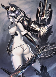 Rule 34 | 10s, 1girl, abyssal ship, ass, bare shoulders, bikini, bikini bottom only, black hair, breasts, bright pupils, colored skin, dutch angle, elbow gloves, eyepatch, unworn eyepatch, fingerless gloves, gloves, headgear, highres, kantai collection, medium breasts, mouth hold, nipples, no nipples, noname (metaldragonfly), short hair, solo, standing, swimsuit, sword, tenryuu (kancolle), thighs, weapon, white skin, yellow eyes